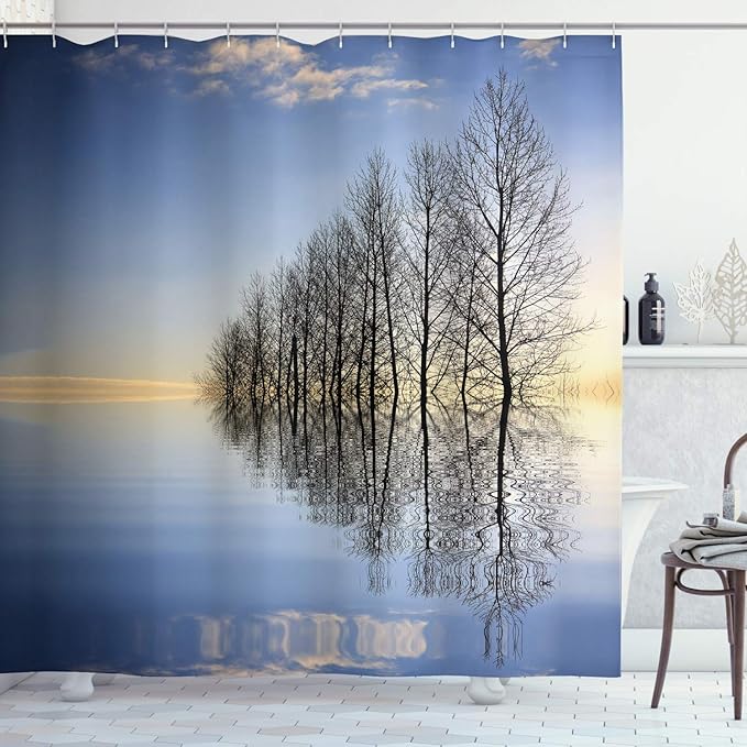 Ambesonne Landscape Shower Curtain, Trees on Top of The Frozen Lake in The Winter Scenic Forces of Nature Art Print, Cloth Fabric Bathroom Decor Set with Hooks, 69" W x 70" L, Blue Brown