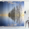Ambesonne Landscape Shower Curtain, Trees on Top of The Frozen Lake in The Winter Scenic Forces of Nature Art Print, Cloth Fabric Bathroom Decor Set with Hooks, 69" W x 75" L, Blue Brown