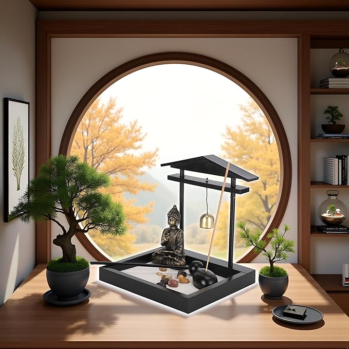 Zen Garden Desktop Sitting Buddha Ornament, Statue with Incense Holder Sand Decorative Stone Accessories for Home Office and Work Desk Collectible Figurines[1906]
