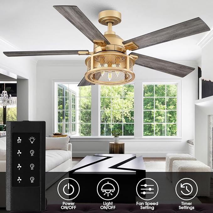 Farmhouse Ceiling Fans with Lights, 52 Inch Ceiling Fan with Remote for Bedroom Living room, Rustic Caged Fandelier with 5 Dual Finish Blades, Reversible Quiet Motor for Indoor/Outdoor, Gold