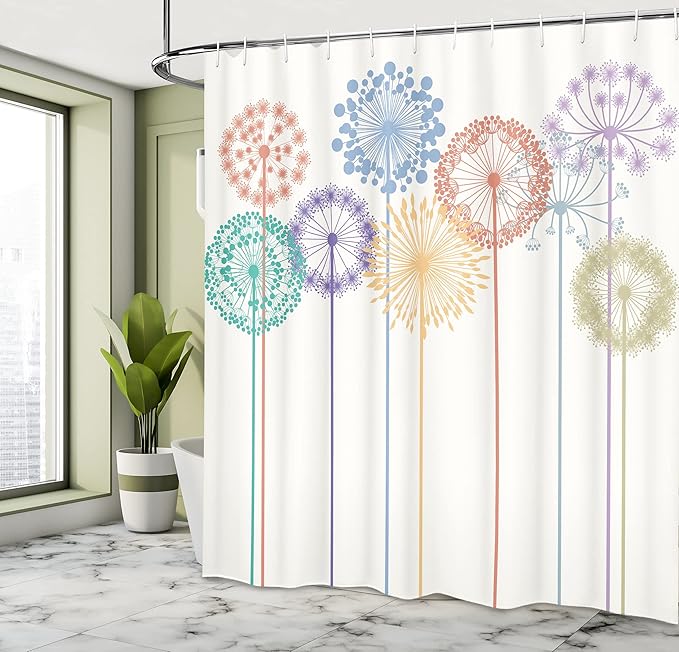 Ambesonne Floral Shower Curtain, Flower Inspired Artwork Colorful Dandelions on White Background Illustration Print, Cloth Fabric Bathroom Decor Set with Hooks, 69" W x 70" L, Dark Seafoam
