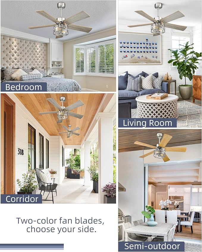 YOUKAIN Farmhouse Ceiling Fans, 48 Inch Industrial Ceiling Fan with Light and Remote Control, Clear Glass, 5-Reversible Blades with Gray Oak/Burlywood Finish, 52-YJ632-BN