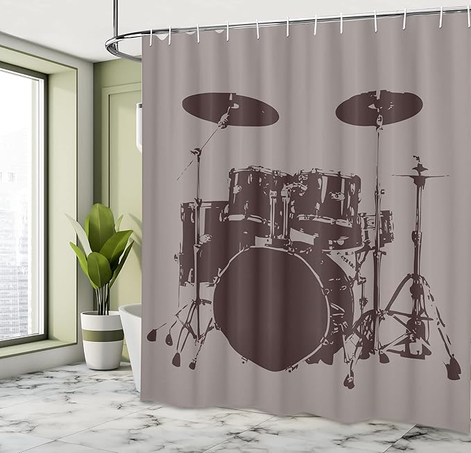 Ambesonne Music Shower Curtain, Grunge Drum Kit for Bass Rythm Lovers Ba Dum TSS Image Sketch, Cloth Fabric Bathroom Decor Set with Hooks, 69" W x 70" L, Taupe Black