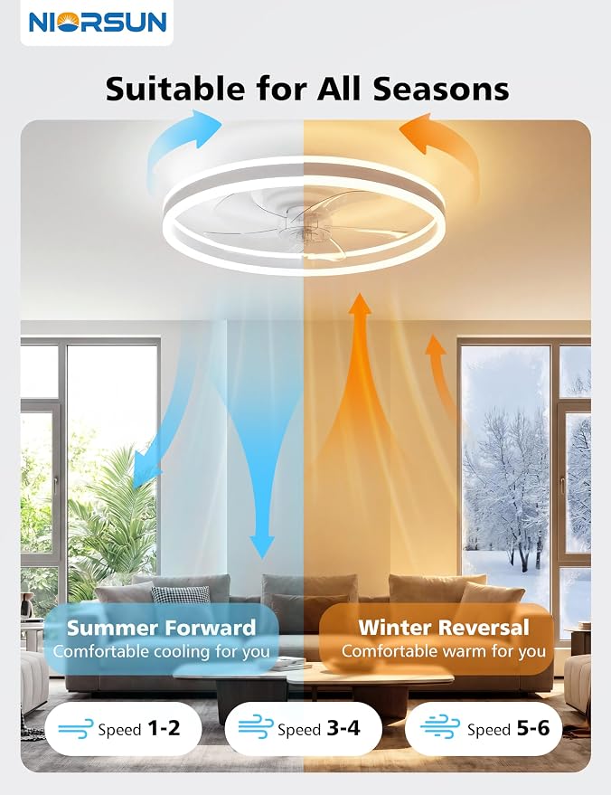 NIORSUN RGB Ceiling Fans with Lights and Remote, Modern Smart LED Ceiling Fans Light, 6 Speeds & 3000K-6500K Dimmable, Quiet Bladeless Fandelier Ceiling Fan with Light for Bedroom(20Inch,White)