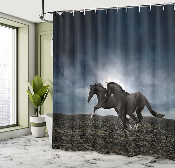 Ambesonne Horses Shower Curtain, Couple Horses Running on Plowed Field in Stormy Dark Weather Sky Concept, Cloth Fabric Bathroom Decor Set with Hooks, 69" W x 70" L, Blue Petrol