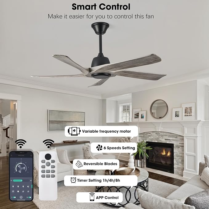 52“ DC Ceiling Fan without Light, 5 Solid Wood Fan Blades, Remote and APP Control, 6-speed Reversible, Noiseless Ceiling Fan No Lights for Bedroom, Living Room, Office, Greywood