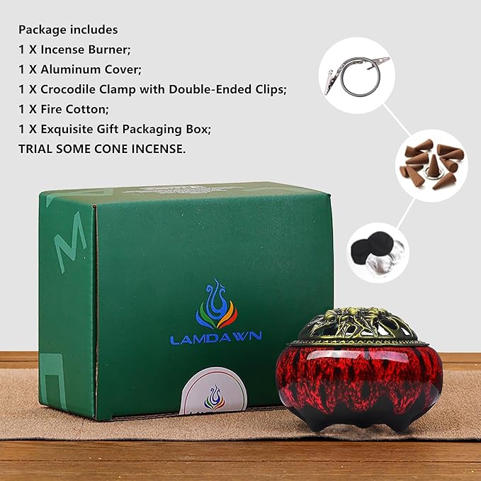 Incense Burner with Calabash Incense Stick Holder - Porcelain Charcoal Censer for Use with Resin Granular Powder Cone or Coil Incense (Kiln-Colored Red)