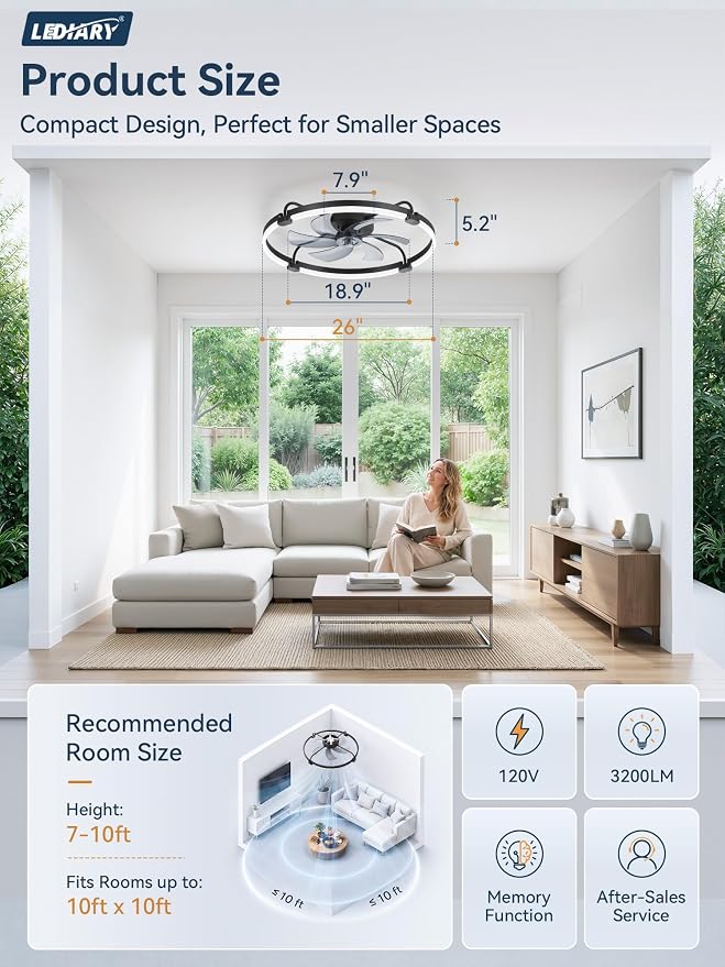 LEDIARY 26" Ceiling Fans with Lights and Remote, Low Profile,Large, Black | 3000K-6000K Stepless Dimmable Fandelier, Reversible DC Motor, Remote and APP Control, Bedroom Kitchen Living Room