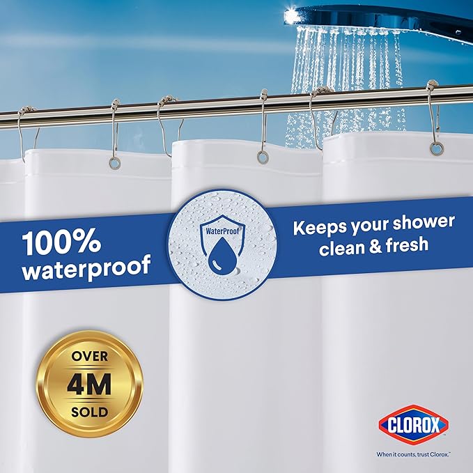 Clorox Shower Curtain Liner, Premium Lightweight Flexible Waterproof 6g PEVA for Bathroom with Weighted Magnets, Standard Size 72" x 72", White 1 Pack