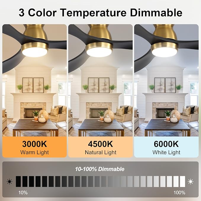 52 Inch Black Ceiling Fan with Light and Remote & APP Control, 3 Wooden Blades, 6 Wind Speeds, Quiet DC Motor, Indoor Low Profile Ceiling Fan for Bedroom Living Room Farmhouse Patio