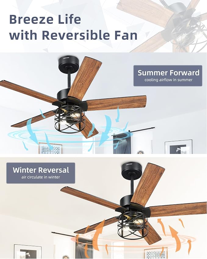 YOUKAIN 42 Inch Ceiling Fan with Lights and Remote, DC Motor 35dB Quiet, Black Farmhouse Ceiling Fan with 5 Reversible Blades for Small Room Bedroom, 42-YJ632-BKW