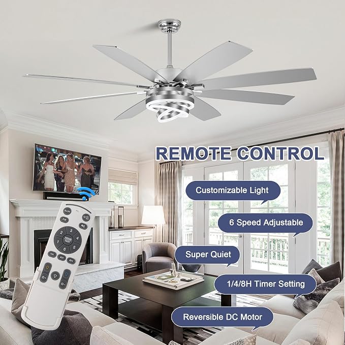 Bella Depot 72 Inch Large Ceiling Fan with Light, Modern Chandelier Fan with Remote APP Control, 6-Speed, Dimmable, Reversible, Timing Option - Ideal for Bedroom Living Room, Garage, and Covered Patio