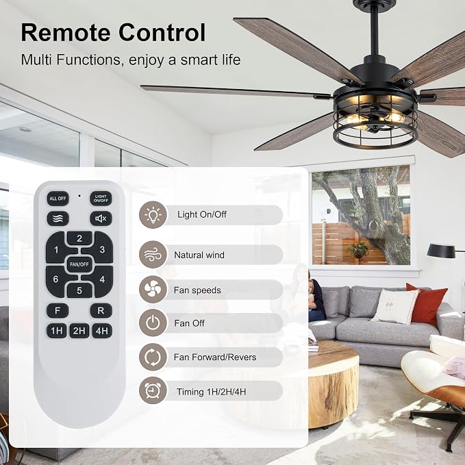 60" Farmhouse Ceiling Fan with Lights Remote, Rustic Ceiling Fan | Industrial Caged Fandelier Black Metal Chandelier Light, Reversible Quiet DC Motor 6 Speeds for Living Room Bedroom Indoor