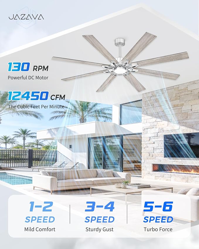 72 Inch Brushed Nickel Ceiling Fan with Light, Smart Alexa Control, Large Indoor Outdoor Fan with Dual Finish 8 Plywood Blades for Living Room, Patio, ZCCF05BN-72