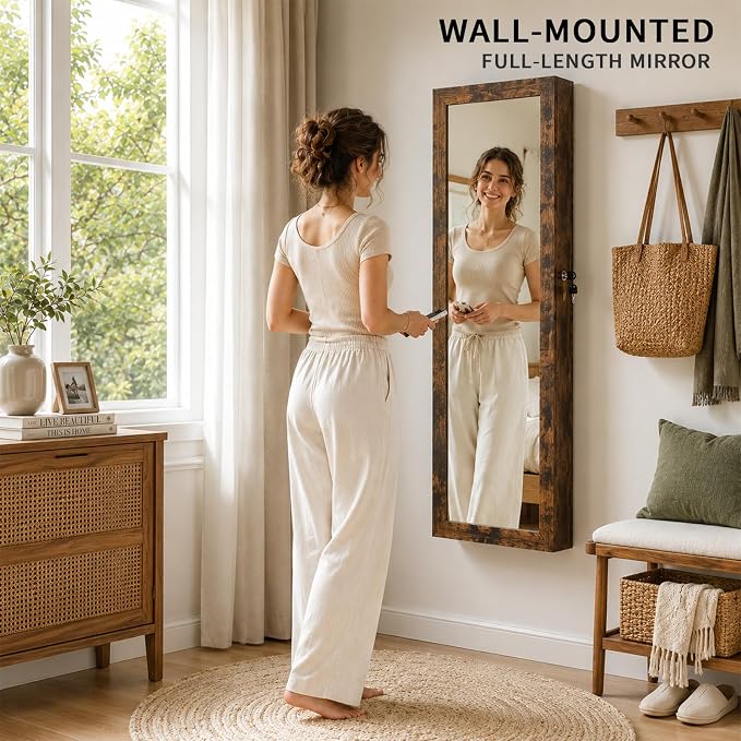 Over the Door Jewelry Organizer, Wall Mounted Jewelry Cabinet, Hanging Mirror with Storage Box, Wall/Door Mounted Full Length Mirror with LED