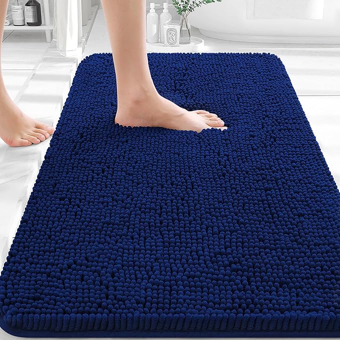 OLANLY Bathroom Rugs 36x24, Extra Soft Absorbent Chenille Bath Rugs, Rubber Backing Quick Dry, Machine Washable Bath Mats for Bathroom Floor, Tub and Shower, Home Decor Accessories, Navy