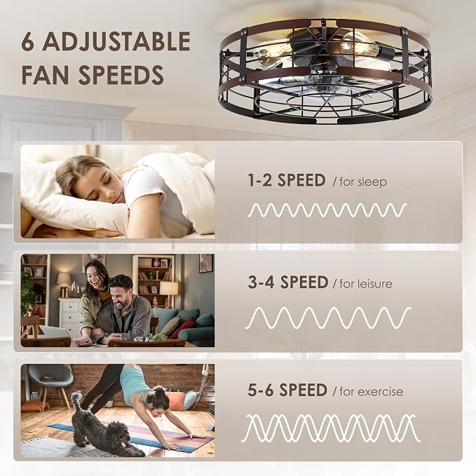 ZYD 20" Caged Ceiling Fan with Light, Farmhouse Cieling Fan with Quiet DC Motor, Rustic Metal Cage with Wood Grain Accent, Ideal for Bedroom, Living Room, Kitchen, Dining Room, Cafés, Restaurants