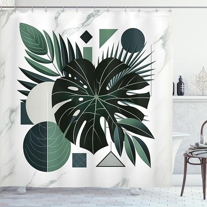 Ambesonne Dark Green Shower Curtain, Geometric Shapes with Tropical Leaf Monstera and Palms Marble Print, Cloth Fabric Bathroom Decor Set with Hooks, 69" W x 75" L, Forest Green Pale Grey