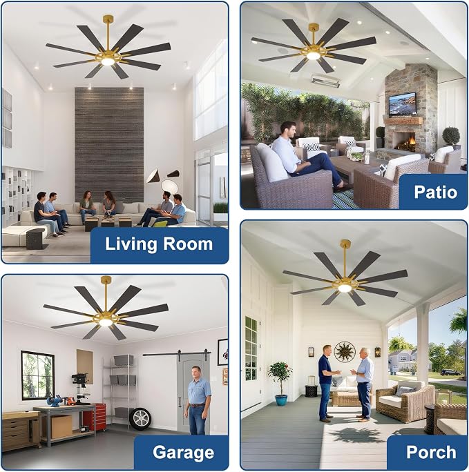 Large Ceiling Fans with Lights: Modern 66 Inch 8 Blade Outdoor Ceiling Fan with Remote APP Control - Dimmable Black Gold Big Fan light Indoor Reversible 6 Speed Quiet DC Motor