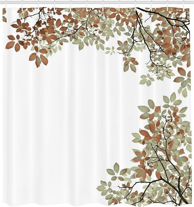 Ambesonne Leaves Shower Curtain, Broad Leaves Close-up Background Autumnal Foliage Shrubs Illustration Print, Cloth Fabric Bathroom Decor Set with Hooks, 69" W x 75" L, Cinnamon and White