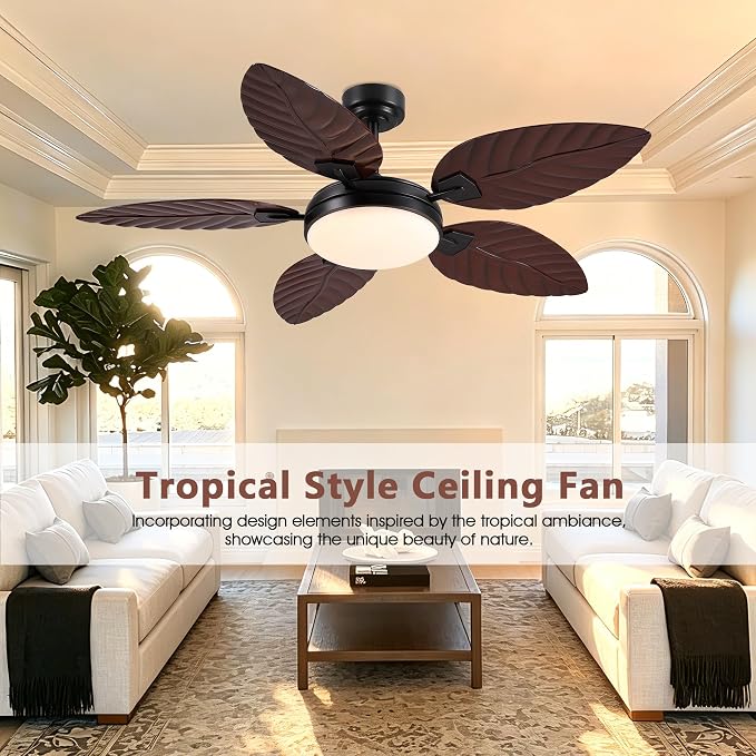 GJeg Tropical Ceiling Fans with Lights and Remote,52Inch Outdoor Palm Leaf Ceiling Fan for Patios Porch Bedroom, Dimmable LED Light, 6 Speeds, Reversible,Dark Brown