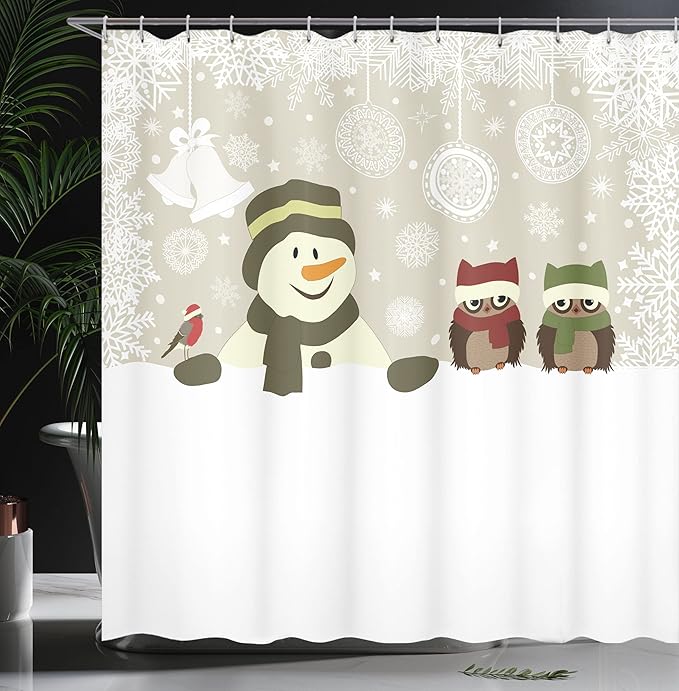 Ambesonne Christmas Shower Curtain, Snowman Owls in Snowy Winter Day Jingle Bells Snowflake Image, Cloth Fabric Bathroom Decor Set with Hooks, 69" W x 75" L, White Green Red