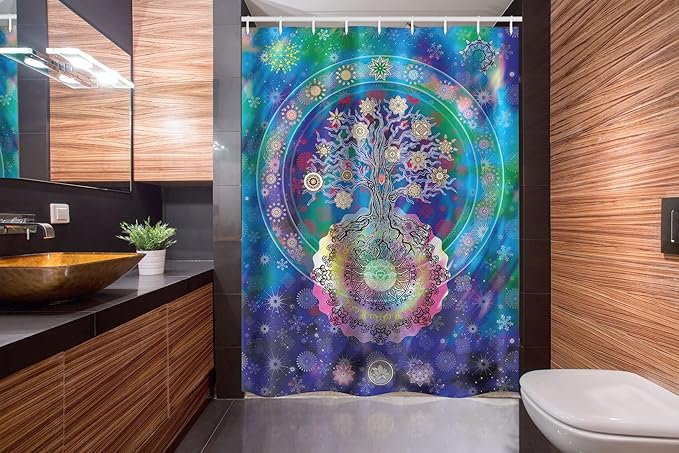 Ambesonne Mandala Stall Shower Curtain, Tree of Life Floral Style Mandala Calm Artwork Peace Design Natural Scenery, Fabric Bathroom Decor Set with Hooks, 54" W x 78" L, Blue Purple