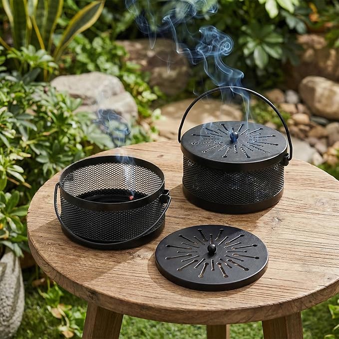 Elsjoy 2 Pack Mosquito Coil Holder with Lid and Handle, Portable Incense Coil Burner Metal Mosquito Incense Holder for Indoor & Outdoor Camping