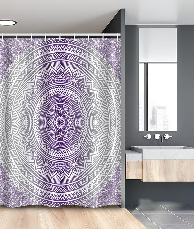 Ambesonne Grey and Purple Stall Shower Curtain, Eastern Traditional of Cosmos Pattern Boho Ombre Mandala Design Print, Fabric Bathroom Decor Set with Hooks, 54" W x 78" L, Purple White