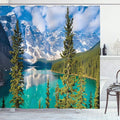 Ambesonne Landscape Shower Curtain, Moraine Lake Rocky Mountains Canada Summer Forest Tall Fresh Trees Image, Cloth Fabric Bathroom Decor Set with Hooks, 69" W x 75" L, Blue Green