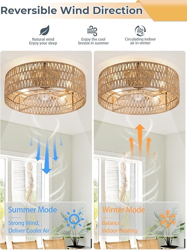 Boho Caged Ceiling Fans with Lights Flush Mount, Hand-Woven Rattan Ceiling Fans with Light and Remote Control, Enclosed Timing 6 Speeds Reversible for Living Room Bedroom Dining Room