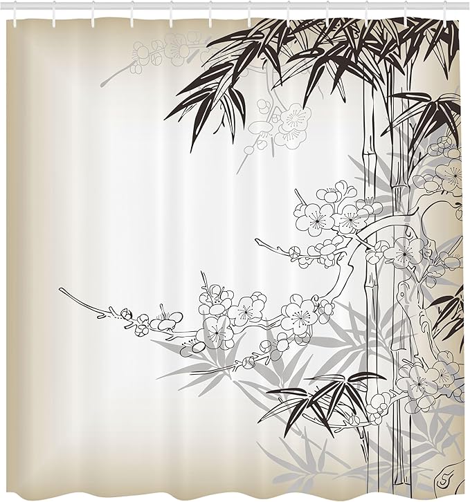 Ambesonne East Shower Curtain, Japanese Art in Traditional Style Blooming Design Sakura Tree Autumn Theme Pattern, Cloth Fabric Bathroom Decor Set with Hooks, 69" W x 70" L, White and Tan