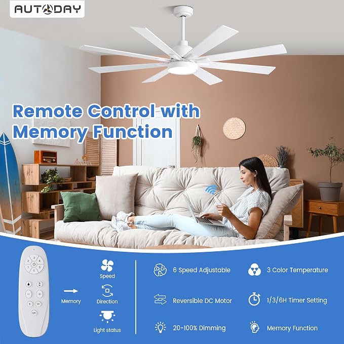 Large Ceiling Fans with Lights and Remote - 62 Inch White Ceiling Fan with Light, Quiet DC Motor, 3 CCT,Modern Dimmable LED Lighting & Large Ceiling Fans for Living Room Patio, Indoor/Outdoor