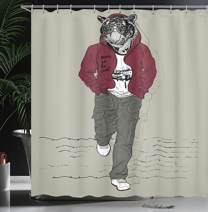 Ambesonne Modern Shower Curtain, Hipster Tiger in Sportswear Taking a Walk Adaptation to Urban City Theme, Cloth Fabric Bathroom Decor Set with Hooks, 69" W x 75" L, Ruby Sage Green Black