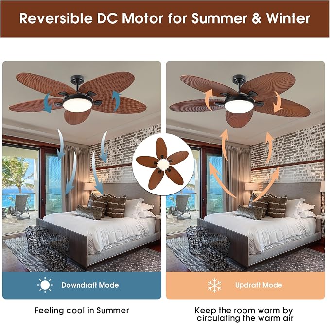62" Large Brown Tropical Style Palm Leaf Ceiling Fans with Lights & Remote | Super Large Airflow with 6 Wind Speeds,Reversible,3 LED Light Colors,50W Quiet DC Motor,4H Timer,Suits for Living Room Patio