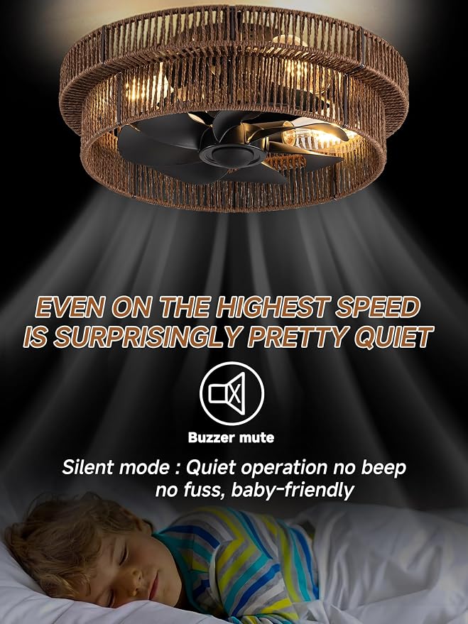 Handwoven Boho Ceiling Fans with Lights Flush Mount,Black Farmhouse Caged Fandelier Low Profile Enclosed Chandelier Fan with 6 Speeds for Bedroom,Nursery,Dining Room(Rattan Brown)