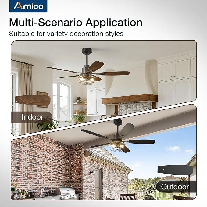 Amico 52 inch Ceiling Fans with Lights, Caged Ceiling Fan with Light and Remote Control, Dimmable, 3CCT, Quiet, Black Farmhouse Ceiling fan For Living Room, Bedroom, Kitchen, Patio Indoor/Outdoor Use
