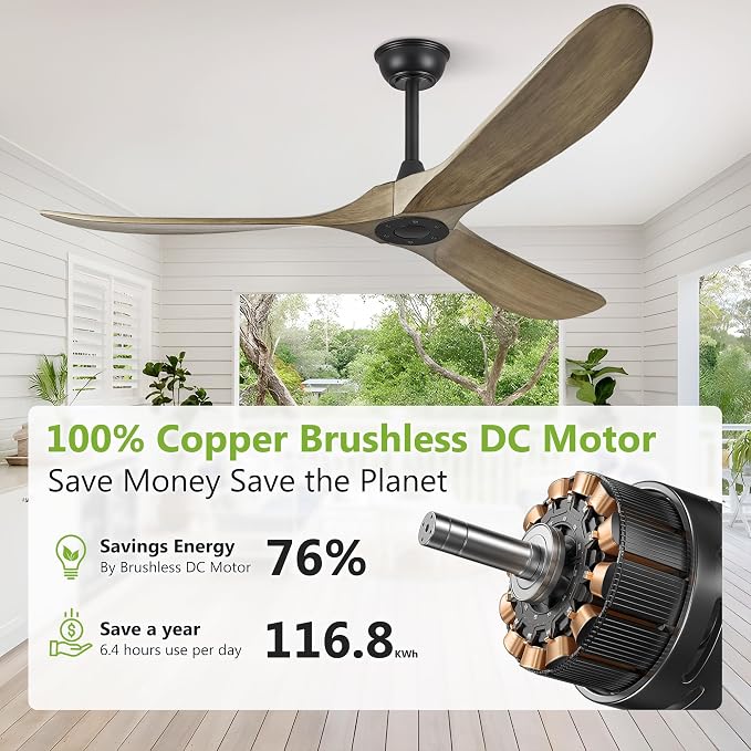 Haipeel 52 Inch Ceiling Fans Without Lights, Wood Ceiling Fan no Light with Remote Control and DC Motor, Indoor Outdoor Ceiling Fan for Patios Farmhouse Propeller Ceiling Fans 3 Blades, Bronze Gray