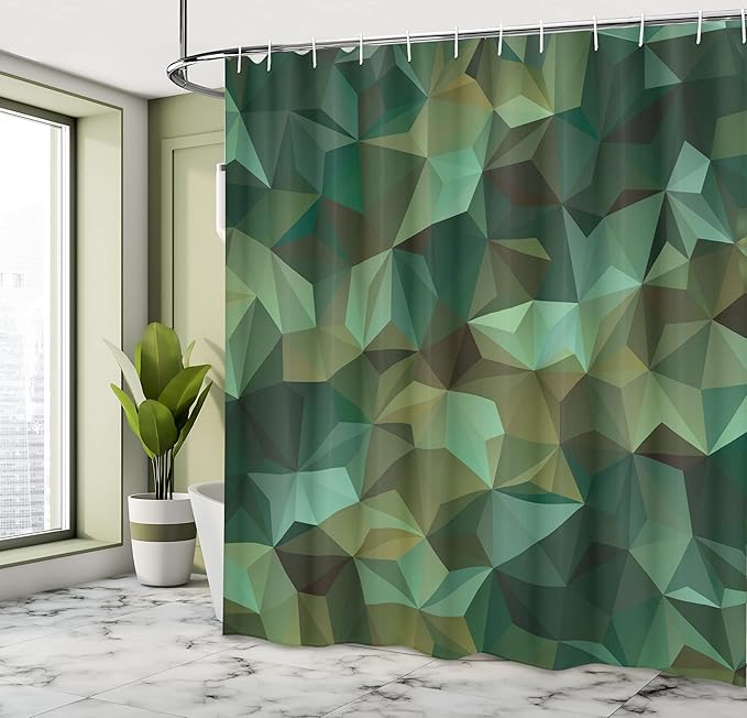 Ambesonne Geometric Shower Curtain, Abstract Style Composition Camouflage Design Angular Polygon Design, Cloth Fabric Bathroom Decor Set with Hooks, 69" W x 84" L, Jade Green