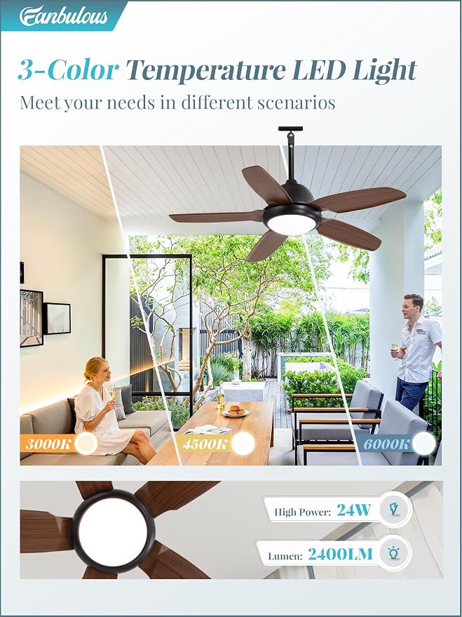 42 Inch Wet Rated Outdoor Ceiling Fan with Lights and Remote,IP65 Hanging Gazebo Fan with 3CCT 6-Speed DC Motor,Brown Waterproof Plug in Ceiling Fan with Cord for Patios Porch Pergola Pavilion