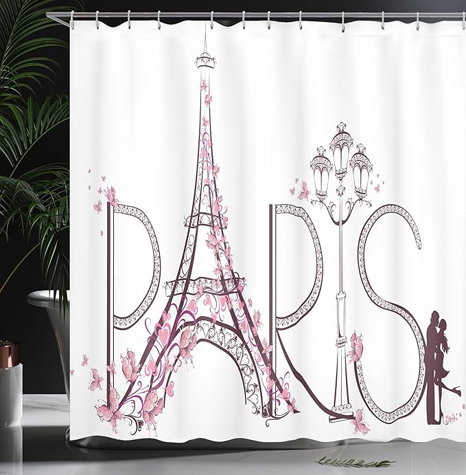 Ambesonne Paris Shower Curtain, Tower Eiffel and City Name Lettering in Romantic Flowers Design Love Swirly Floral European Print, Cloth Fabric Bathroom Decor Set with Hooks, 69" W x 84" L, Pink Plum