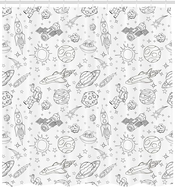 Ambesonne Cartoon Shower Curtain, Doodle Solar System Astronauts Space Crafts Shooting Stars Science Fiction Theme, Cloth Fabric Bathroom Decor Set with Hooks, 69" W x 84" L, White Ink