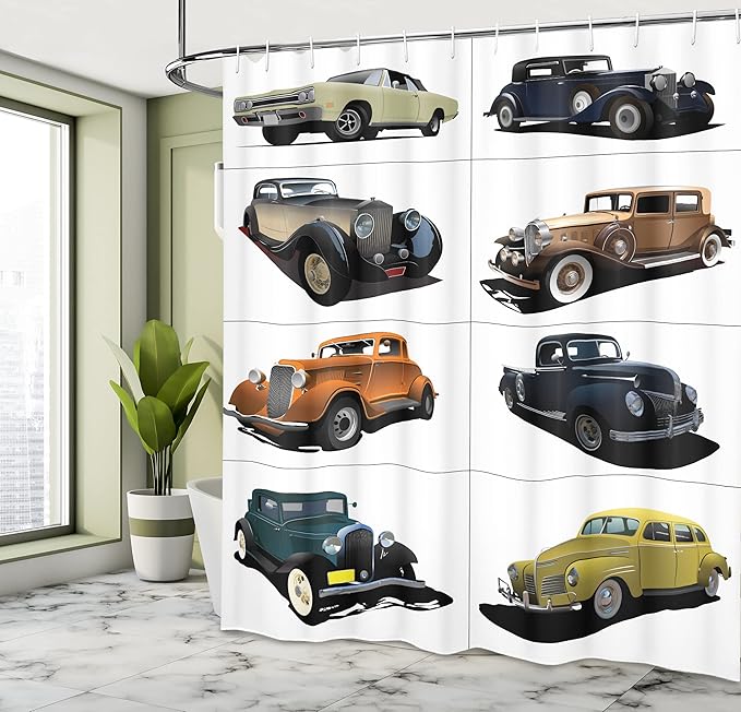 Ambesonne Cars Shower Curtain, Rare Fifties Vintage Vehicle Closed Roof Tops Original Timeless Automobile Graphic, Cloth Fabric Bathroom Decor Set with Hooks, 69" W x 70" L, Multicolor White