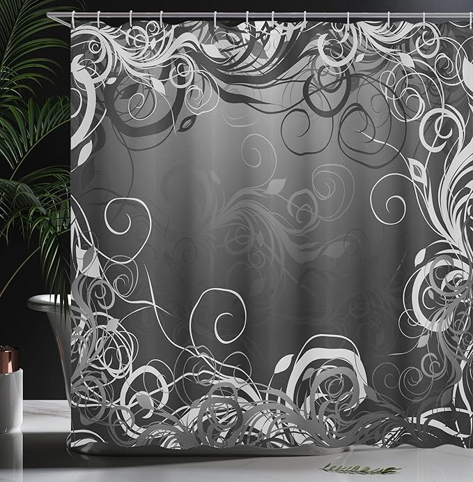 Ambesonne Abstract Shower Curtain, Mystic Forest Floral Swirls Leaves Nature Fading Ombre Effect Illustration, Cloth Fabric Bathroom Decor Set with Hooks, 69" W x 70" L, Dark Silver Grey