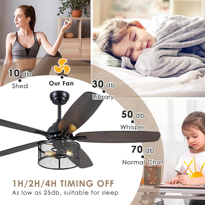 Hounberi 56 Inch Farmhouse Ceiling Fans with Lights and Remote Control | 6-Speed Reversible DC Motor, 5 Double Finish Blades, Black Caged Ceiling Fan with Light for Bedroom, Living Room, Kitchen