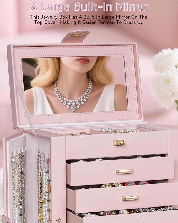 AKOZLIN 6-Tier Jewelry Box Organizer Functional 5 Drawers Leather Jewelry Storage Case for Women Girls Ring Necklace Earring Bracelet Holder Organizer with Mirror XL Pink 360° Rotating