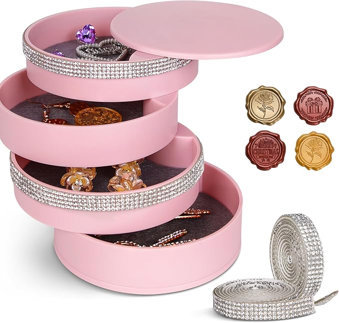 CONBOLA Jewelry Holder Organizer Ideas for Women, Small Jewelry Storage Box Earring Holder, 5-Layer Rotating Jewelry Storage Tray with Lid for Bracelets Rings Bracelets