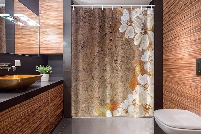 Ambesonne Grunge Stall Shower Curtain, Flowers and Leaves Pattern on Cracked Wall with Floral Lines Classic Design, Fabric Bathroom Decor Set with Hooks, 54" W x 78" L, White Brown