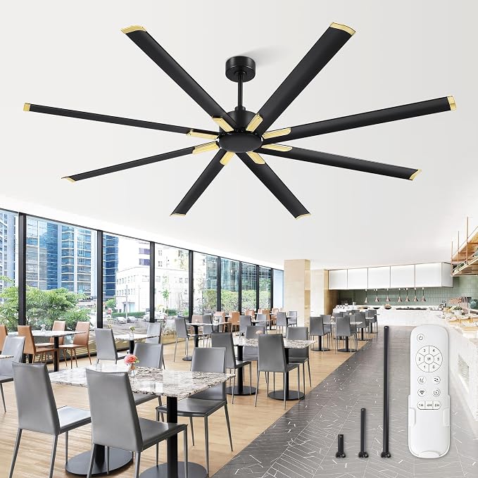 ZMISHIBO 84 Inch Industrial DC Motor Ceiling Fan, Large Ceiling Fan with 8 Reversible Blades, 3 Downrods, 6-Speed Remote Control, Home or Commercial Ceiling Fans for Porch/Garage/Shop, Black and Gold