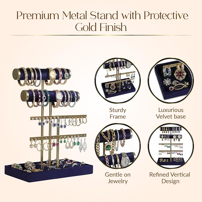 Jewelry Tower Stand Organizer for Women - Soft Touch Velvet Elegant Jewelry Holder Display with Necklace Holder, Earring Organizer & Bracelet Rack - Tabletop Stand for Dresser, Vanity, Desk - Blue